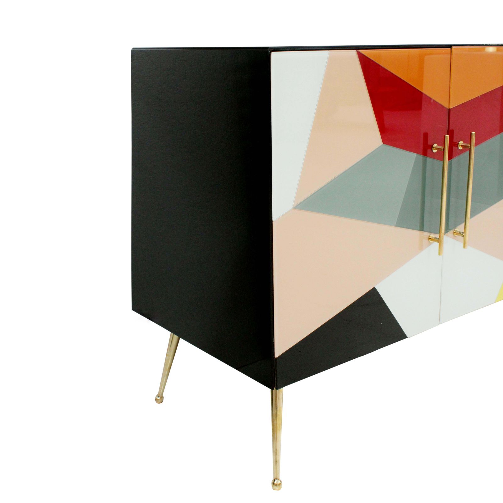 Mid Century Italian Sideboard, Colorful Glass And Brass, Geometric Design. photo for sale