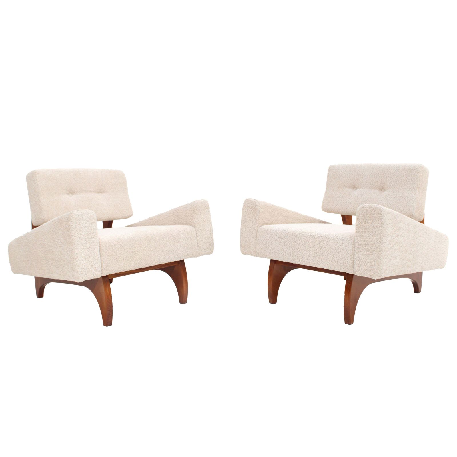 photo for sale Pair Of Italian Contemporary Walnut Armchairs With White Bouclé Upholstery