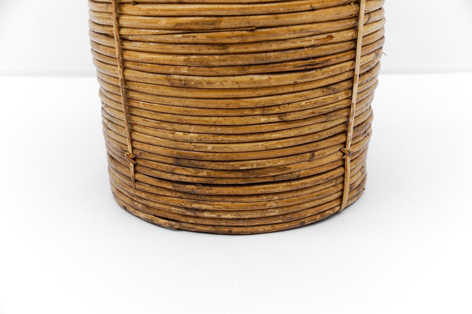 photo for sale Lovely Rattan And Brass Umbrella Stand In Gebriella Crespi Style, 1960s Italy