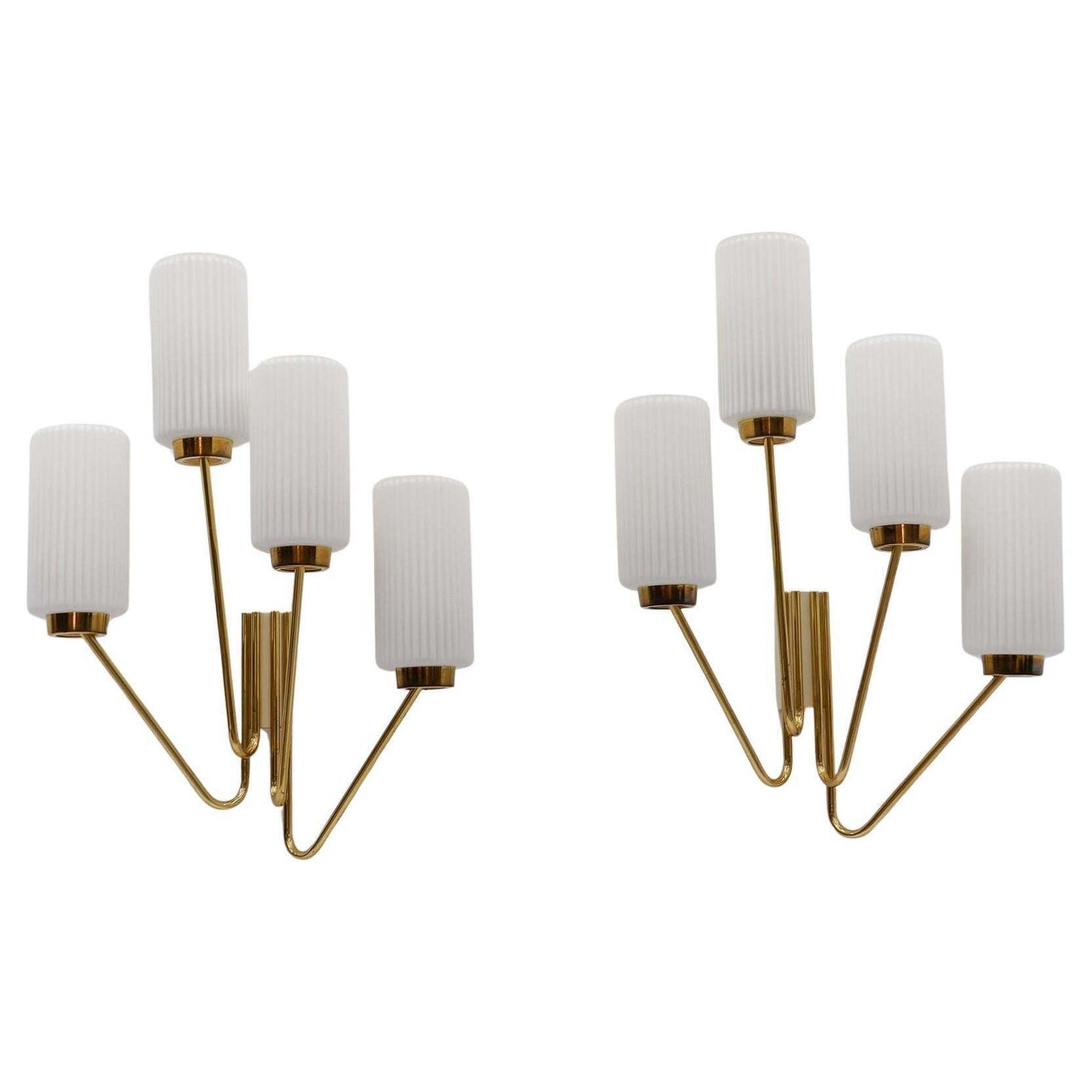 Pair Of Large Mid Century Modern Wall Lamps In Brass And Opaline Glass, 1950s