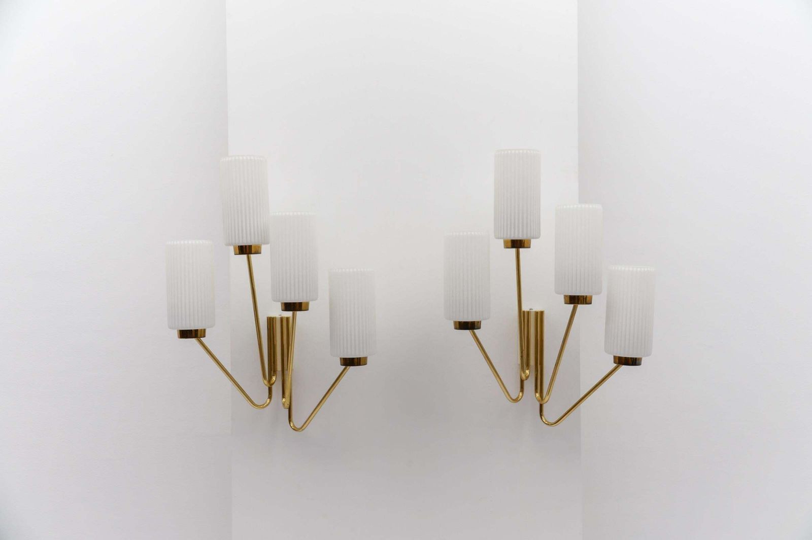 Pair Of Large Mid Century Modern Wall Lamps In Brass And Opaline Glass, 1950s photo furniture