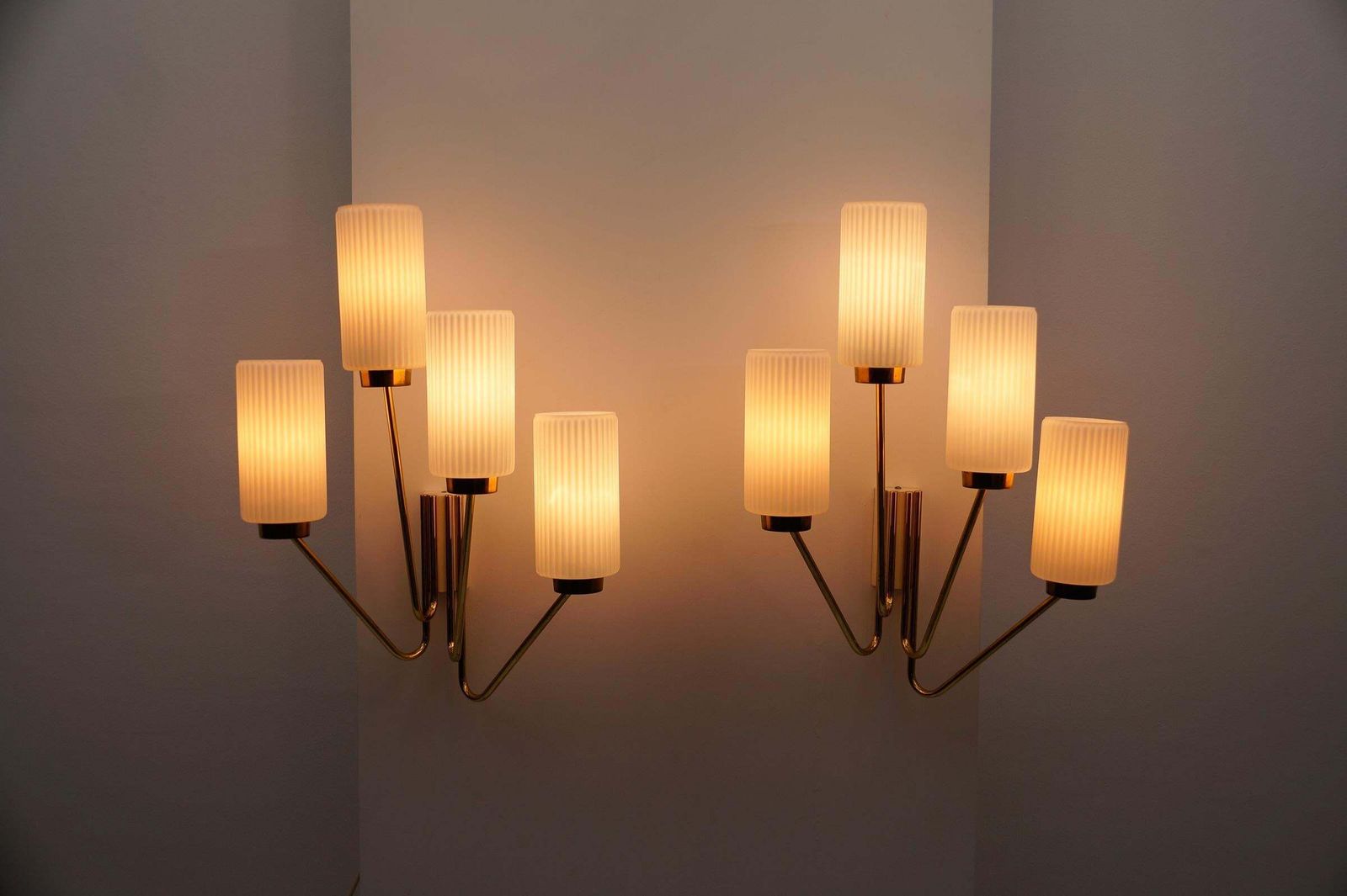 Pair Of Large Mid Century Modern Wall Lamps In Brass And Opaline Glass, 1950s photo 3119.0