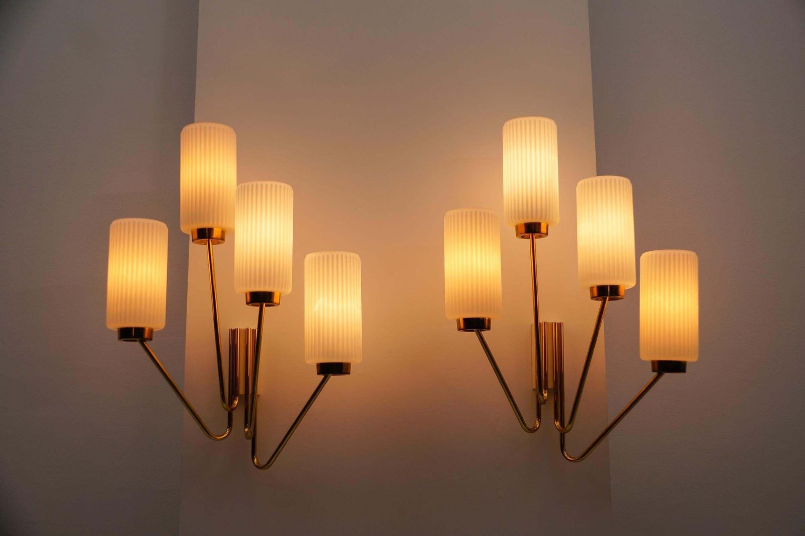 photo furniture Pair Of Large Mid Century Modern Wall Lamps In Brass And Opaline Glass, 1950s