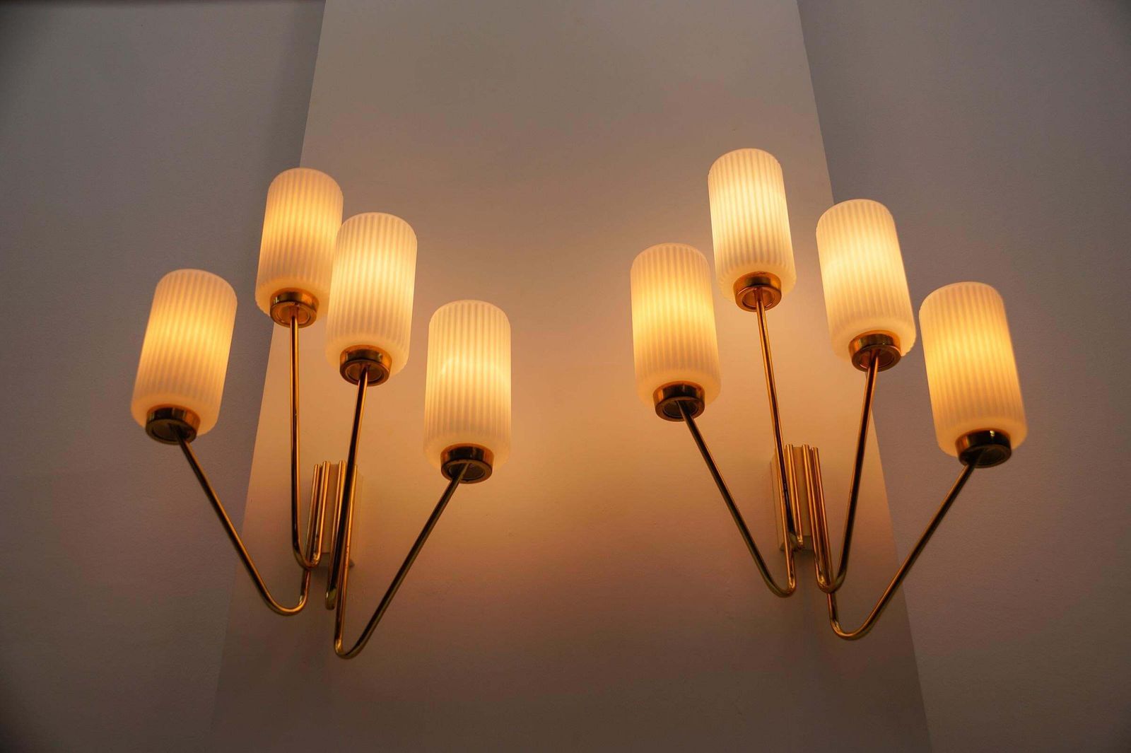 photo for sale Pair Of Large Mid Century Modern Wall Lamps In Brass And Opaline Glass, 1950s