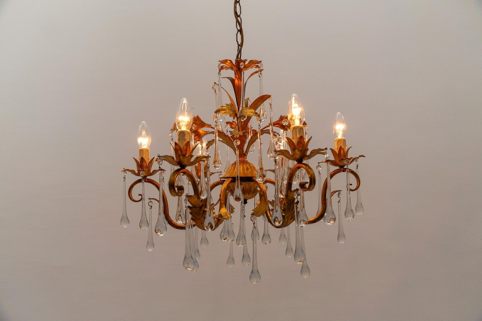 Huge Floral 6 Light Ceiling Lamp With Crystal Drops By Hans Kögl, Germany, 1970s photo vintage