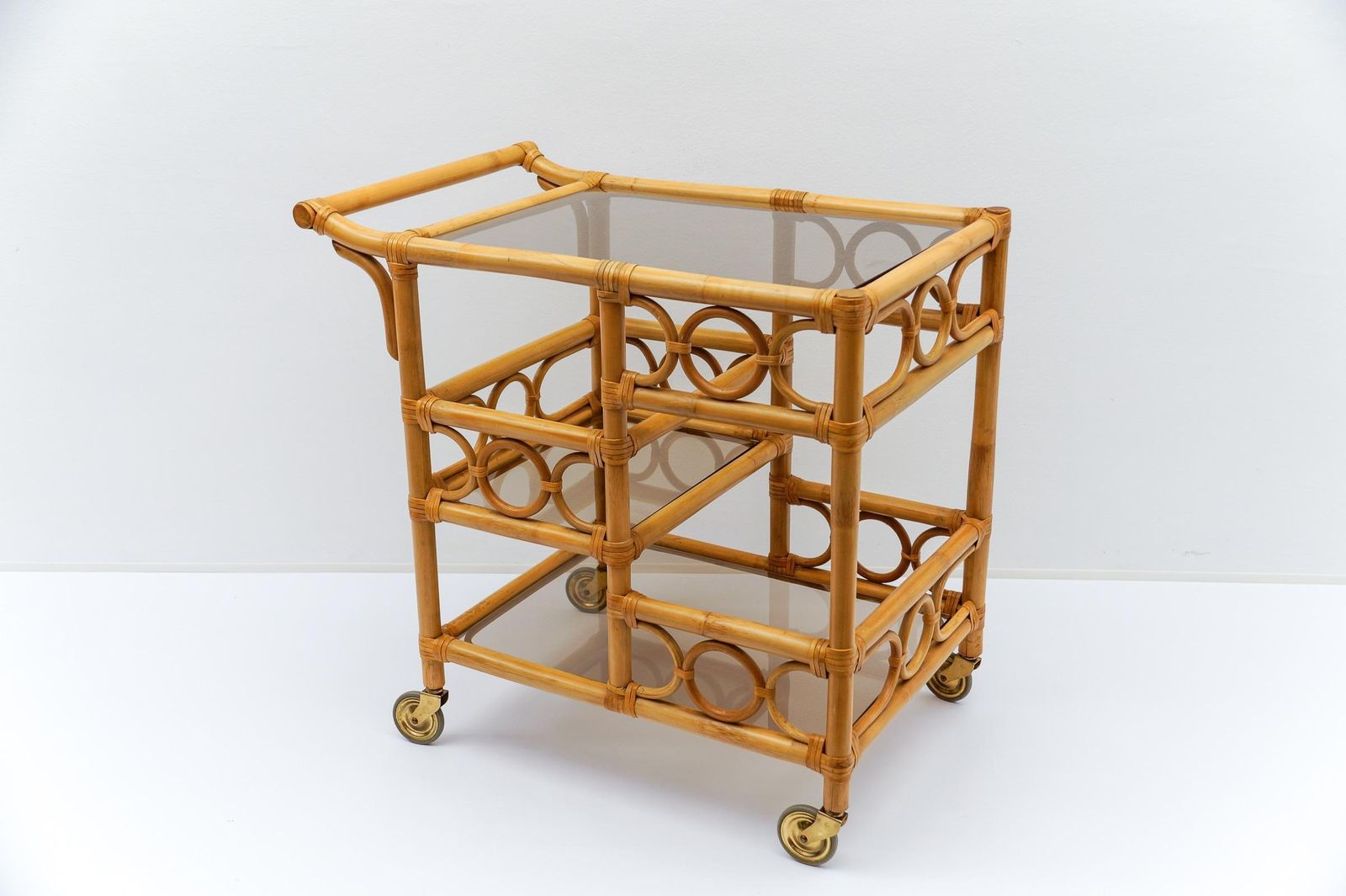 Bamboo And Smoked Glass Bar Cart Serving Trolley With Bottle Holder, 1950s Italy photo for sale
