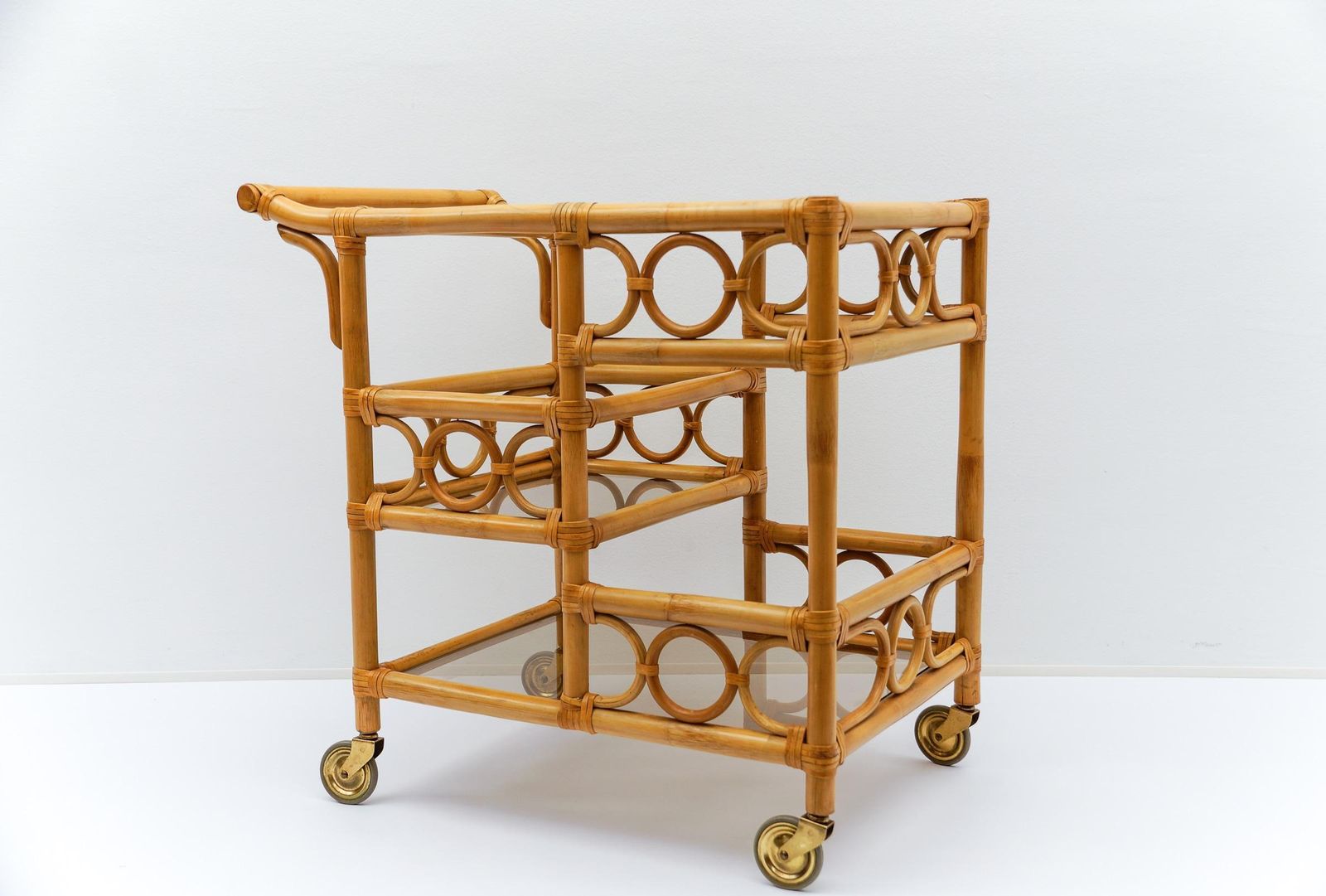 Bamboo And Smoked Glass Bar Cart Serving Trolley With Bottle Holder, 1950s Italy photo Home Decor