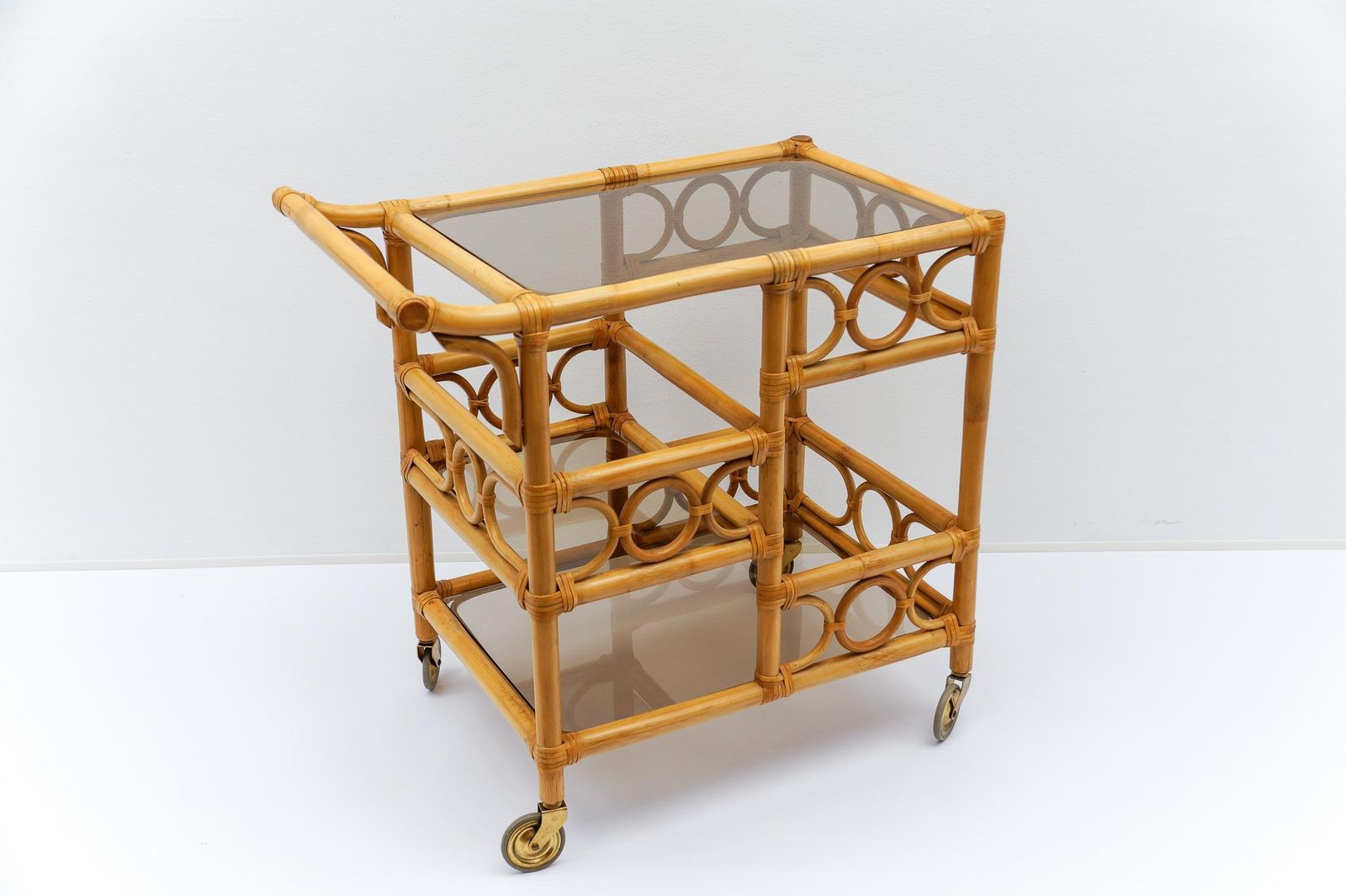 photo furniture Bamboo And Smoked Glass Bar Cart Serving Trolley With Bottle Holder, 1950s Italy