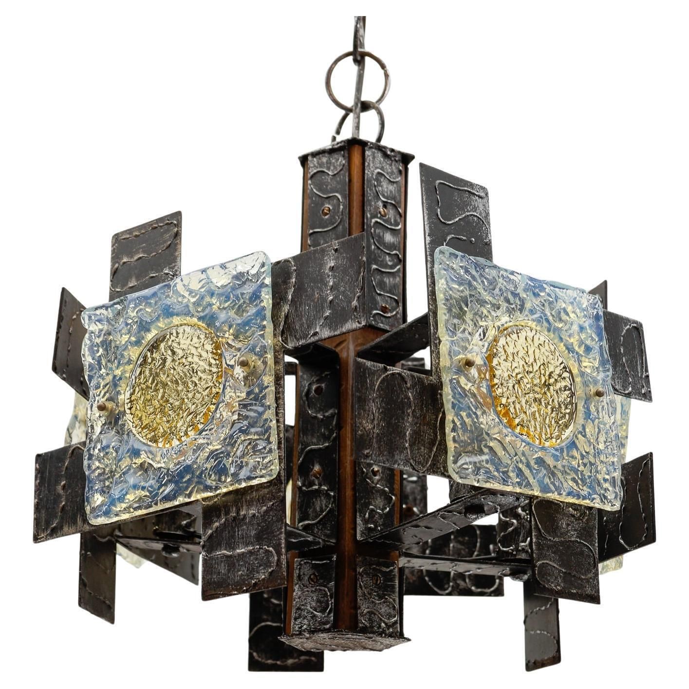 Rustic Ceiling Lamp In Wood, Iron And Murano Glass, 1960s Italy