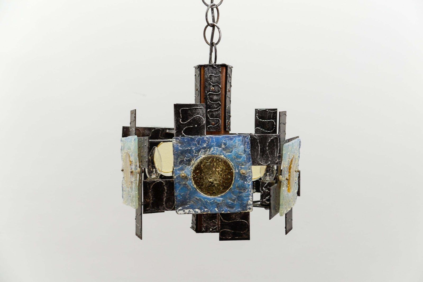 Rustic Ceiling Lamp In Wood, Iron And Murano Glass, 1960s Italy photo furniture
