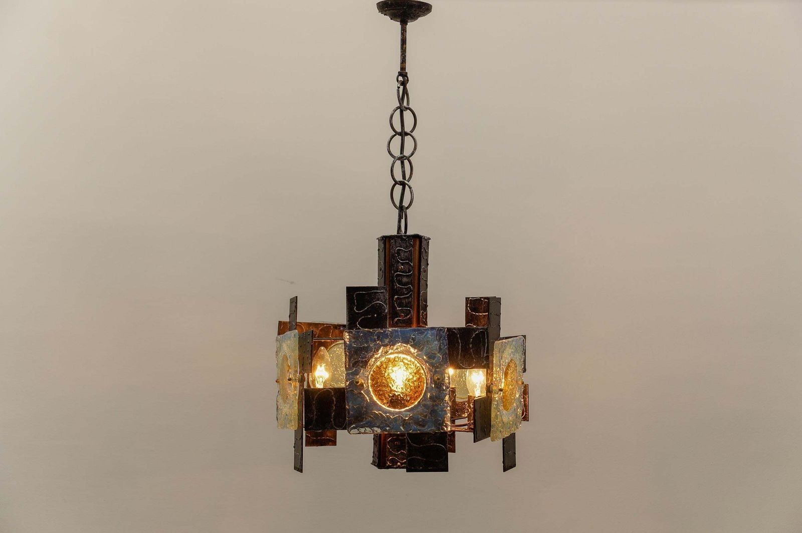 Rustic Ceiling Lamp In Wood, Iron And Murano Glass, 1960s Italy photo Lighting