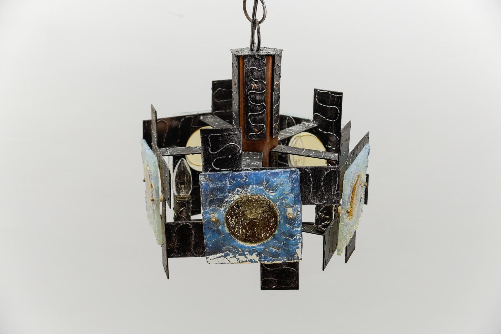 photo furniture Rustic Ceiling Lamp In Wood, Iron And Murano Glass, 1960s Italy