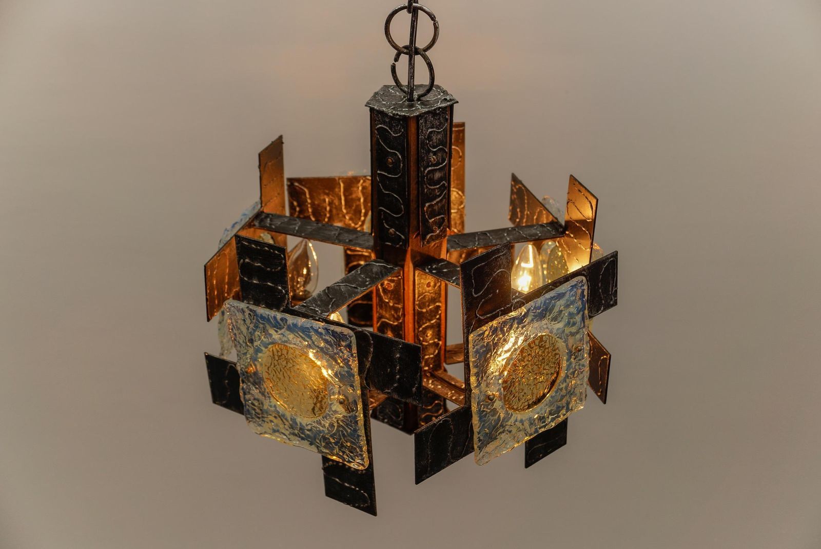 photo for sale Rustic Ceiling Lamp In Wood, Iron And Murano Glass, 1960s Italy