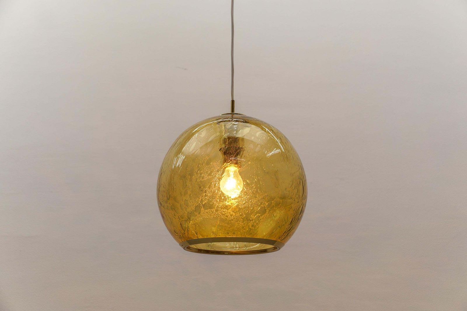 Lovely Yellow Glass Ball And Brass Pendant Lamp By Doria,   1960s Germany photo 708.0
