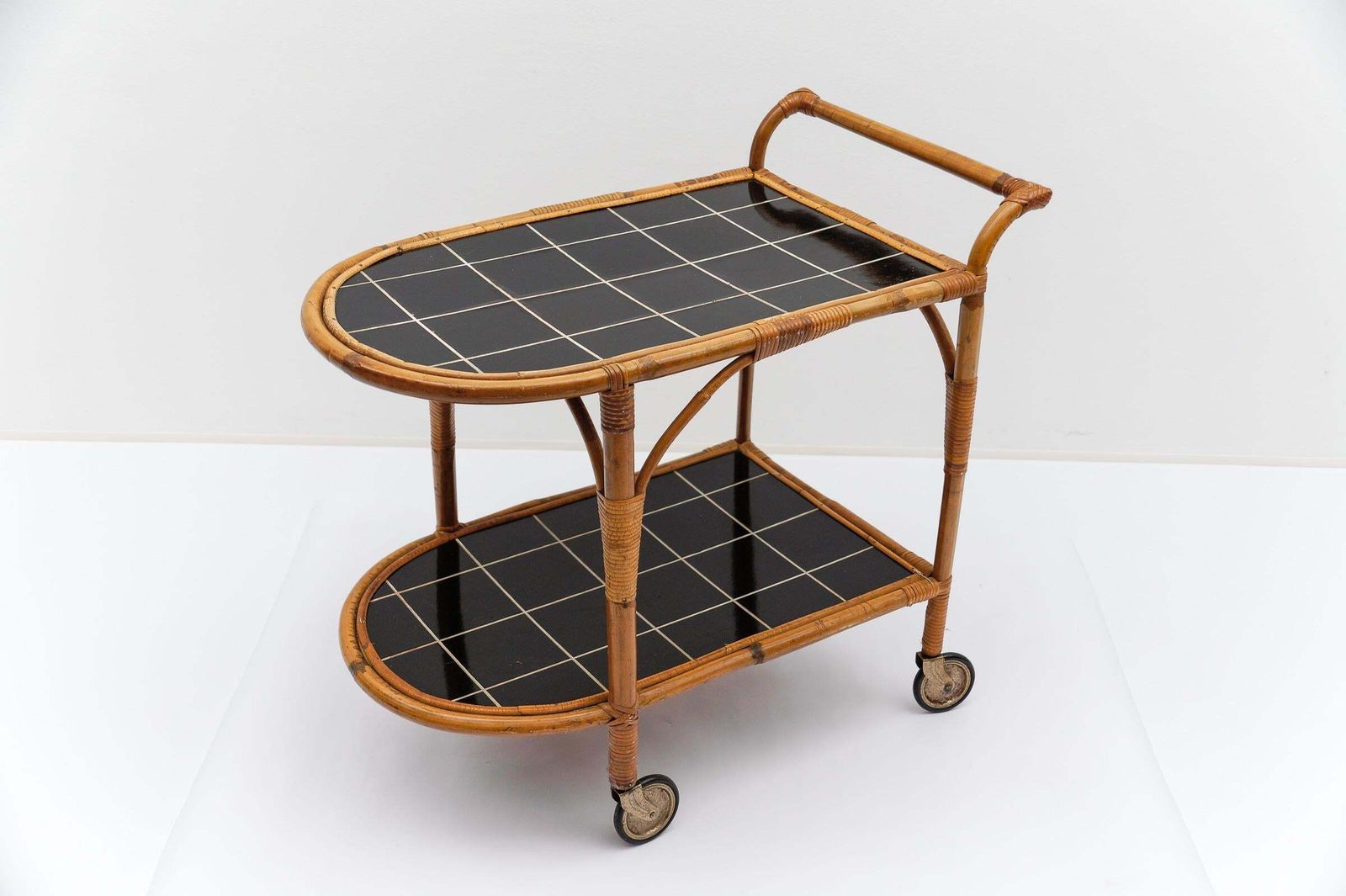 Bamboo And Rattan Bar Cart Serving Trolley, 1950s Italy photo for sale