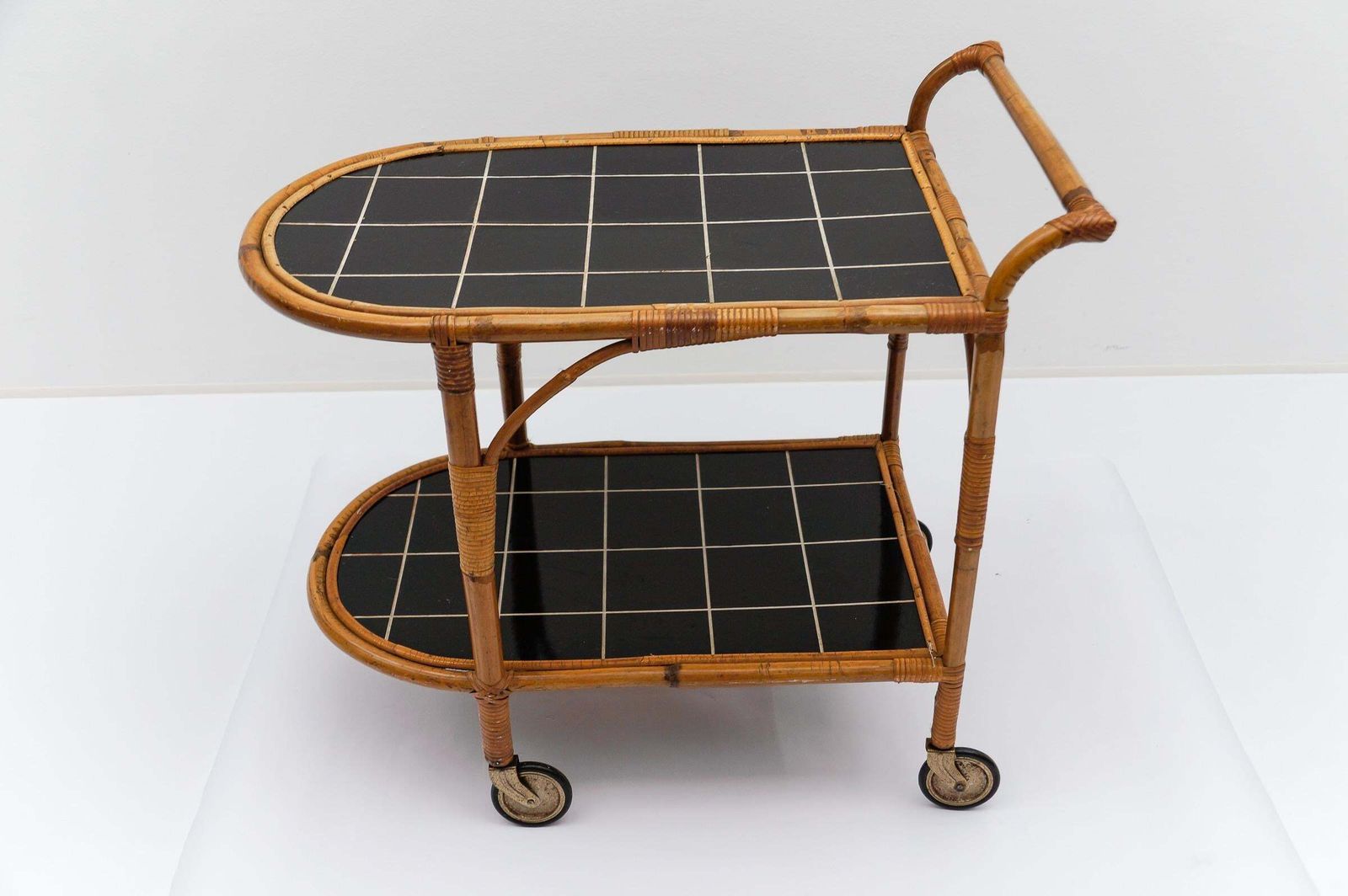 Bamboo And Rattan Bar Cart Serving Trolley, 1950s Italy photo vintage
