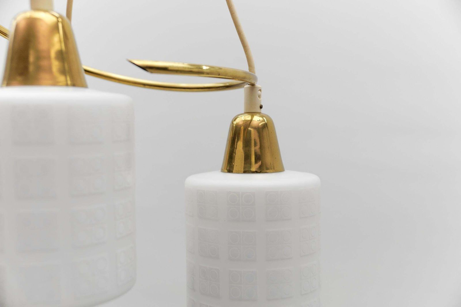 photo for sale Mid Century Modern Brass And Opal Glass Pendant Lamp, 1950s