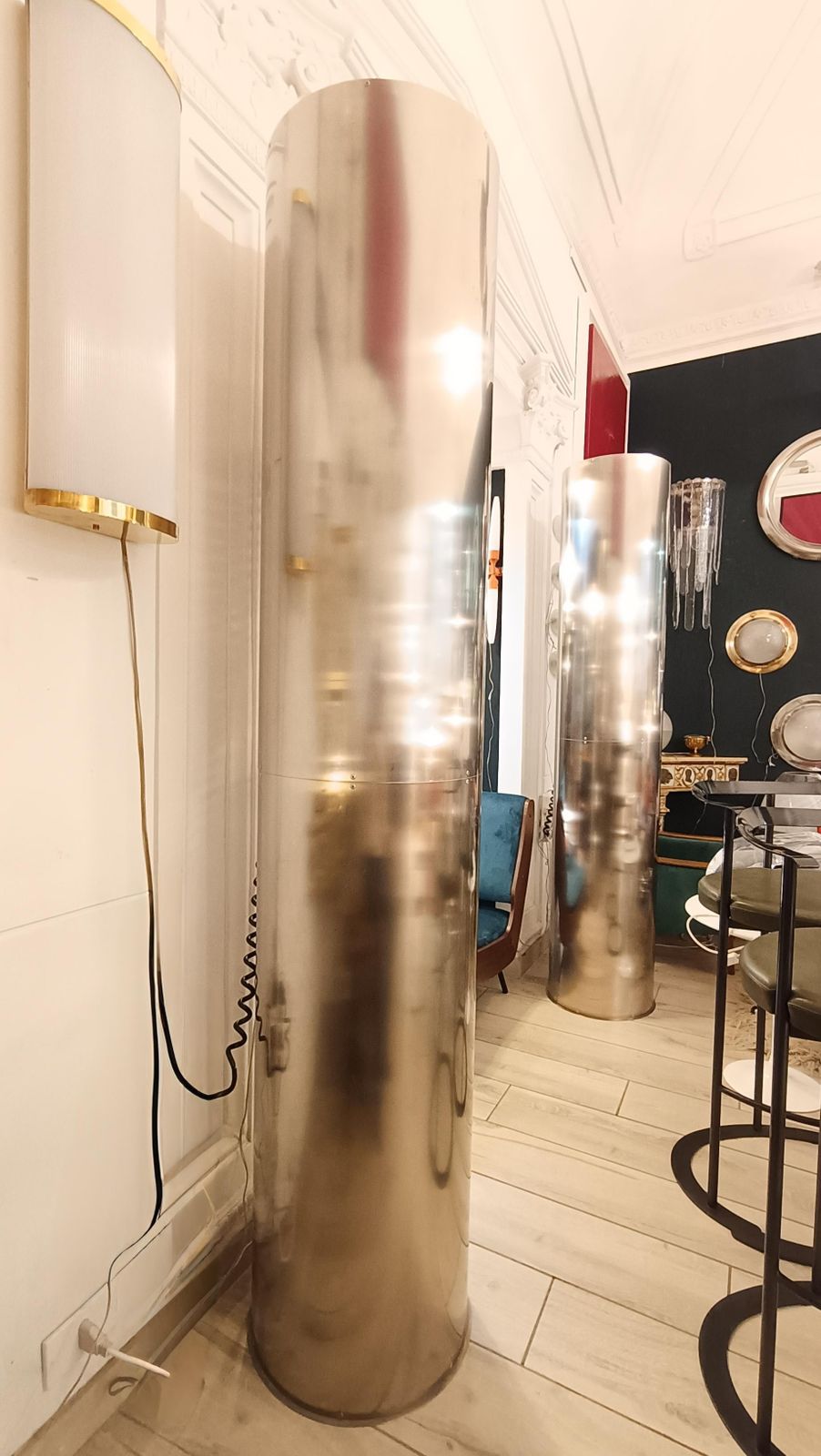Pair Of Cylindrical Chrome Metal Floor Lamps, Italy 1980s photo furniture