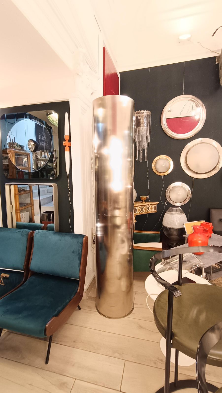 Pair Of Cylindrical Chrome Metal Floor Lamps, Italy 1980s photo for sale