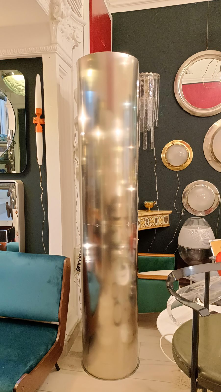 Pair Of Cylindrical Chrome Metal Floor Lamps, Italy 1980s photo Lighting