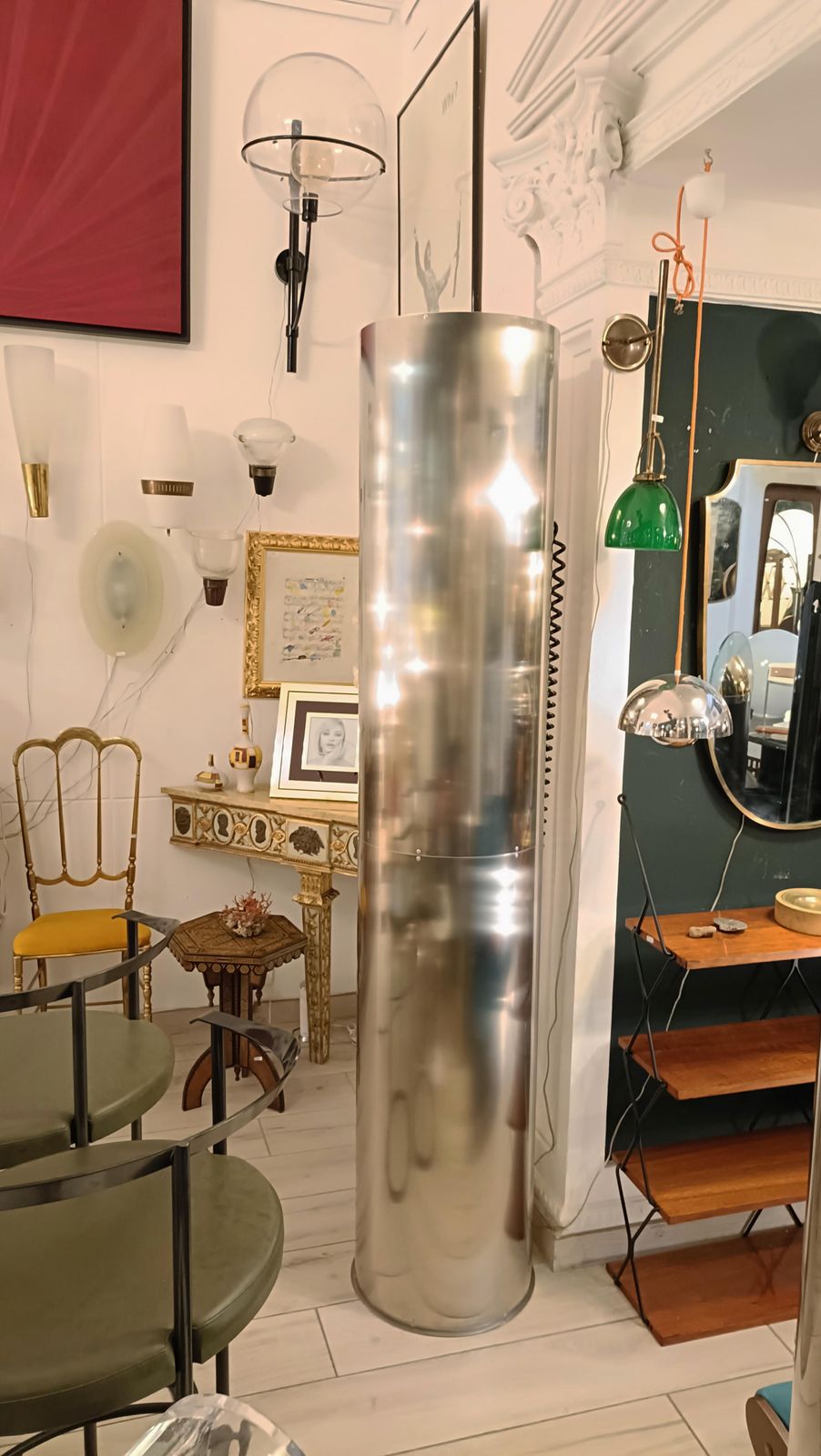 Pair Of Cylindrical Chrome Metal Floor Lamps, Italy 1980s photo vinterior