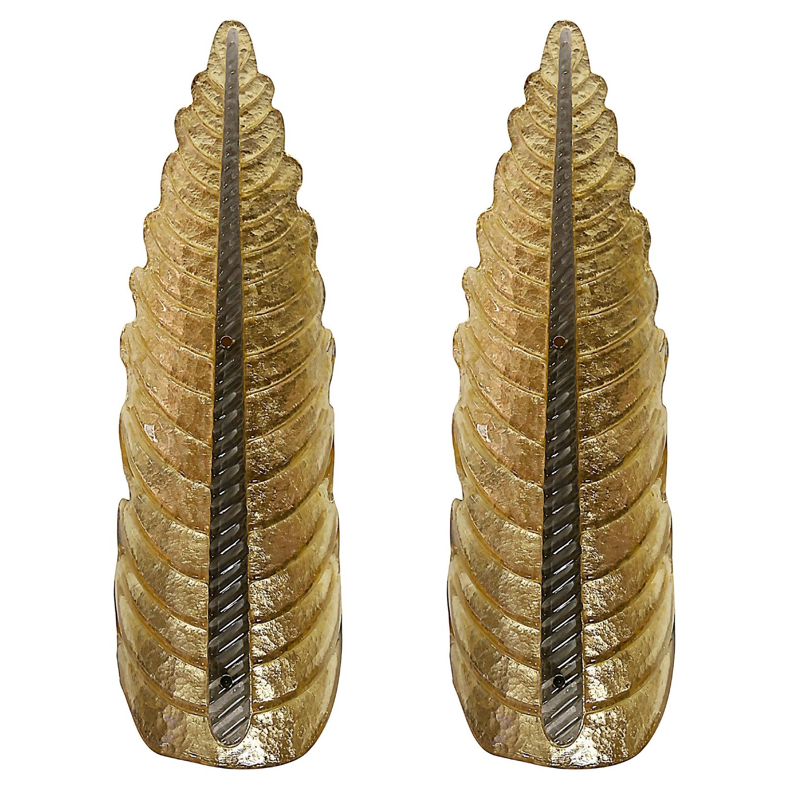 Pair Of Very Large Italian Leaf Form Murano Glass And Brass Wall Light Sconces