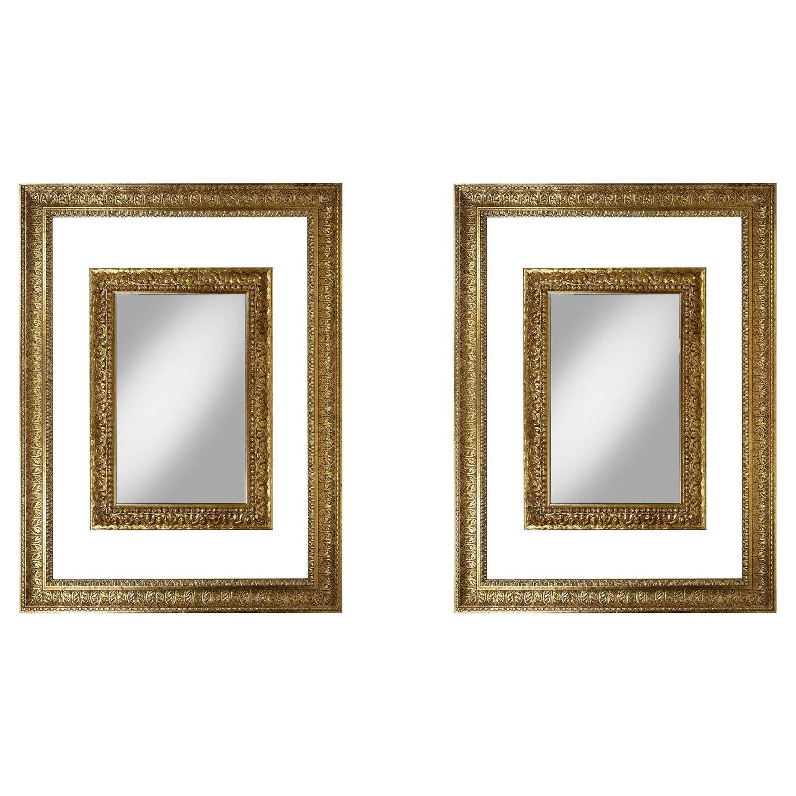 Pair Of Large Italian Hand Carved Gilt Wood Wall Mirrors