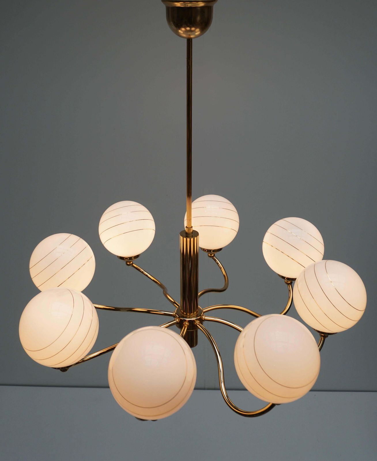 Two Elegant Italian Mid Century Brass And Glass Chandeliers, 1970s photo vinterior