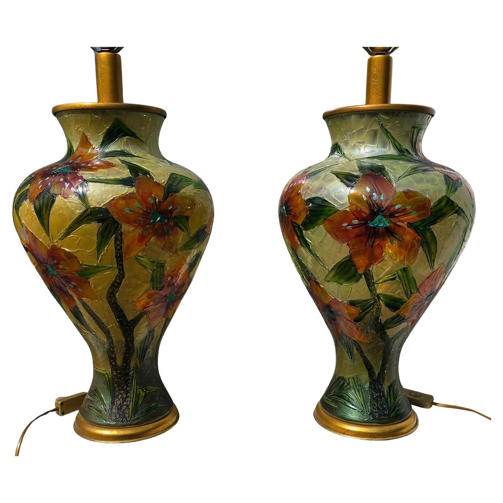 Pair Of Hand Painted Floral Glass Table Lamps – Italy, Circa 1980 photo vinterior