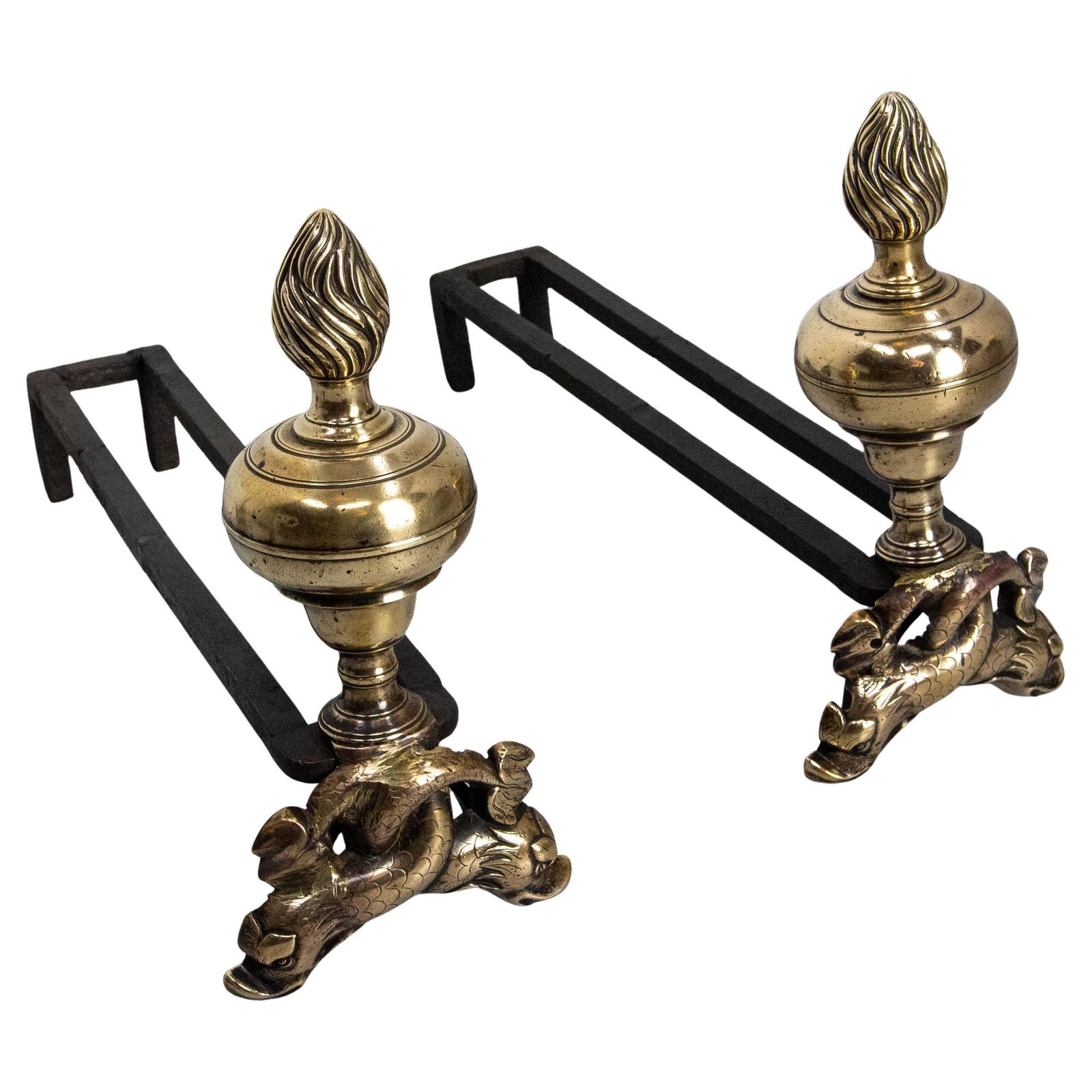Pair Of Louis XIV Bronze & Wrought Iron Dolphin Andirons, France, Late 17th C