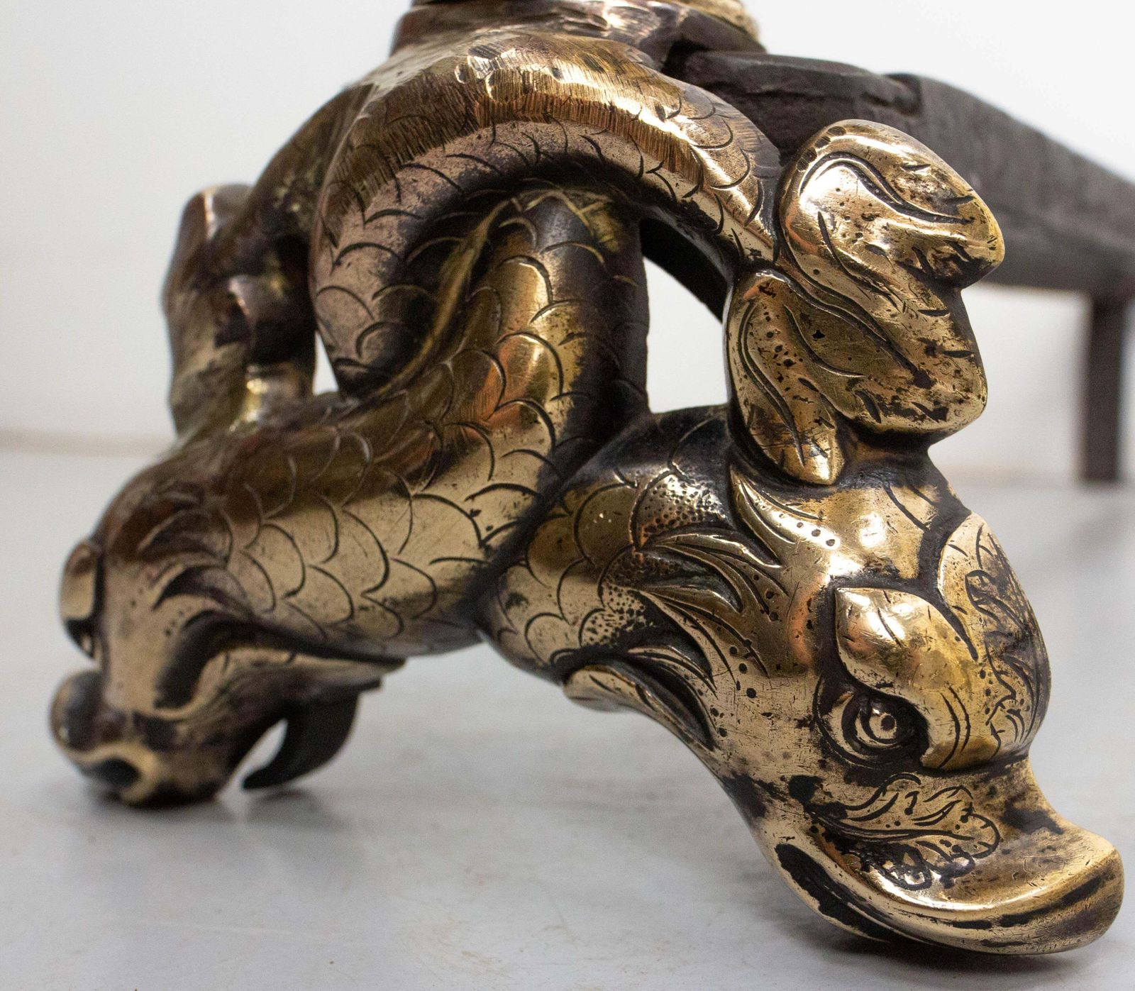 photo furniture Pair Of Louis XIV Bronze & Wrought Iron Dolphin Andirons, France, Late 17th C
