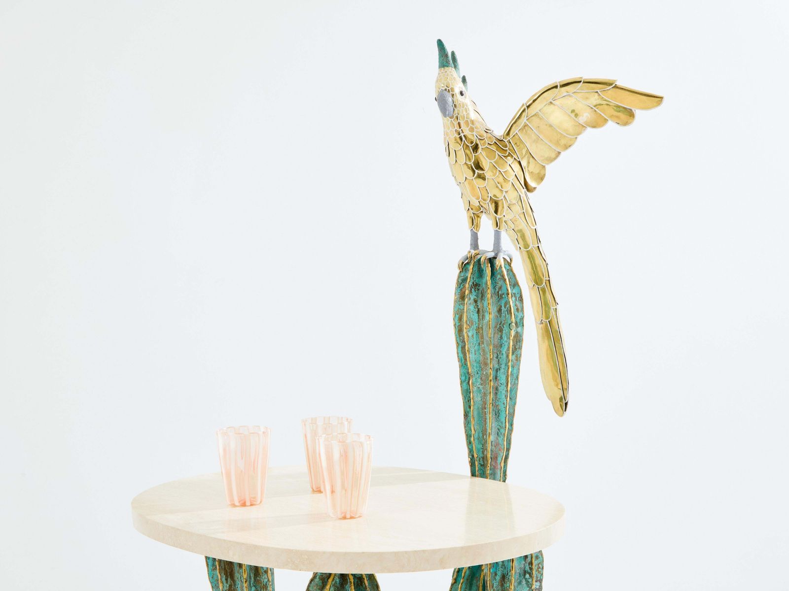 Alain Chervet Brass Bronze Cactus Parrot Console Table 1989 photo vintage