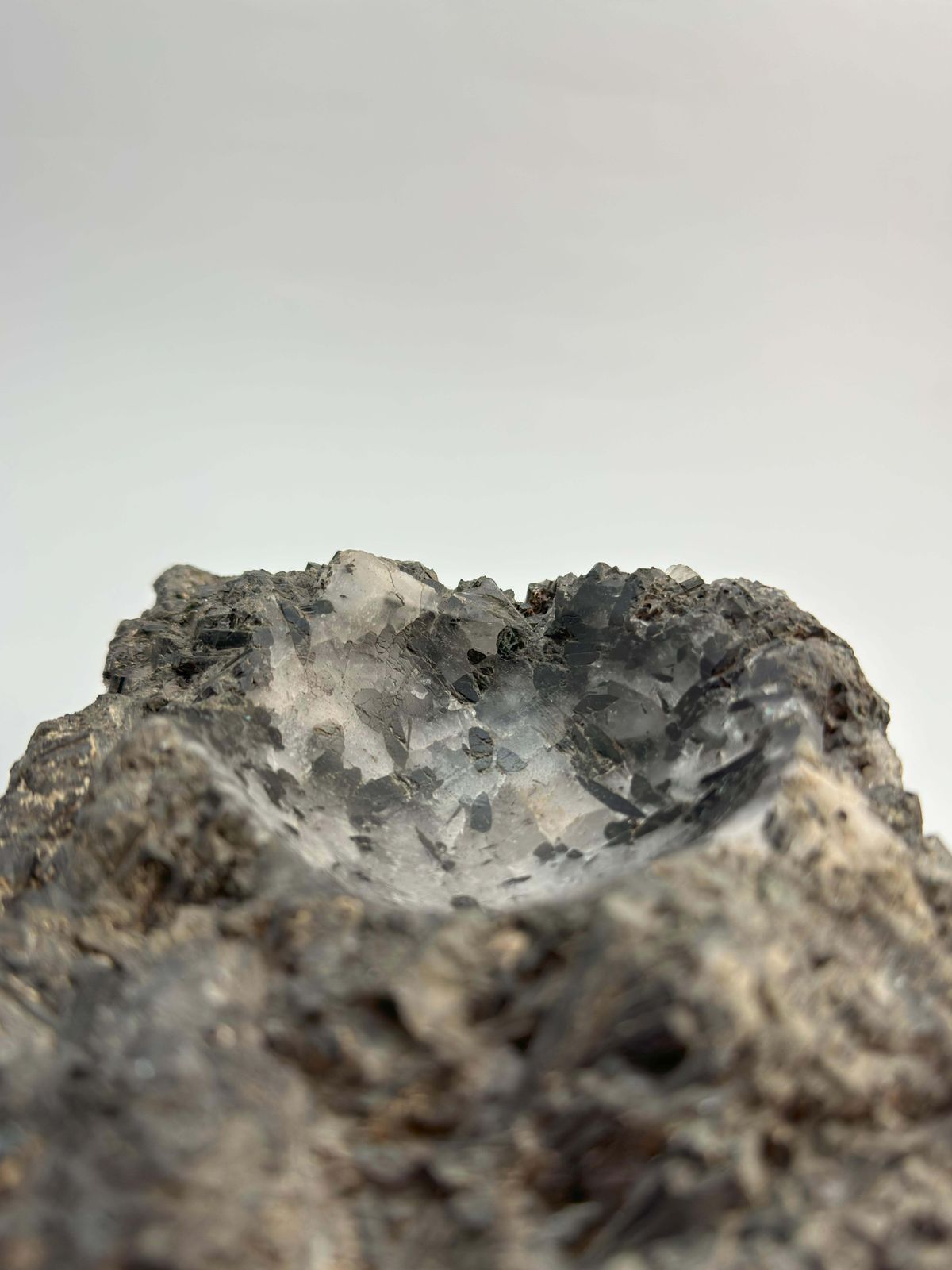 Raw Quartz Crystal Bowl With Black Tourmaline Inclusions, Brazil photo for sale