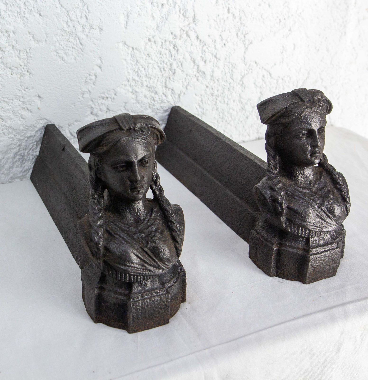 Pair Of Napoléon III Wrought Iron Andirons Bust Woman Braids France, Circa 1890 photo for sale