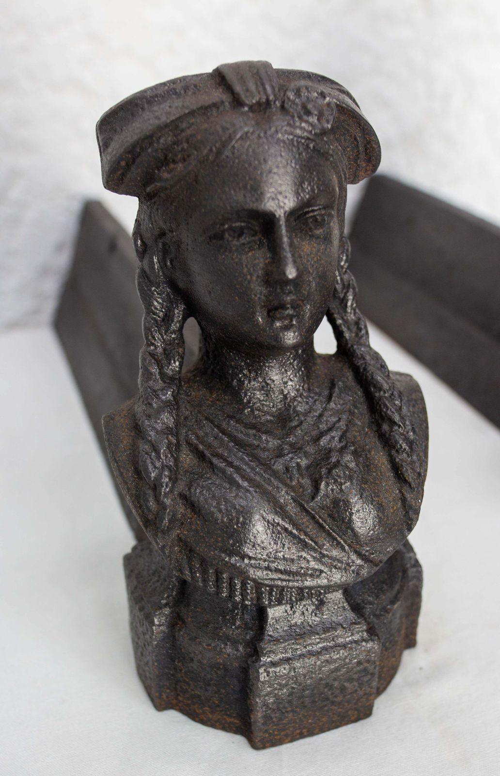 Pair Of Napoléon III Wrought Iron Andirons Bust Woman Braids France, Circa 1890 photo 292.0