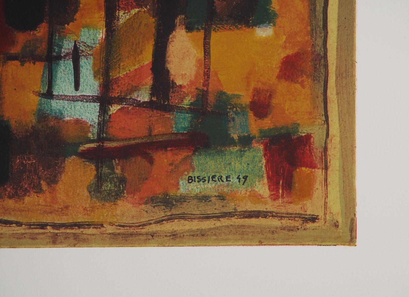 Roger Bissièreabstract Composition In Yellow   Lithograph, Mourlot1972 photo furniture