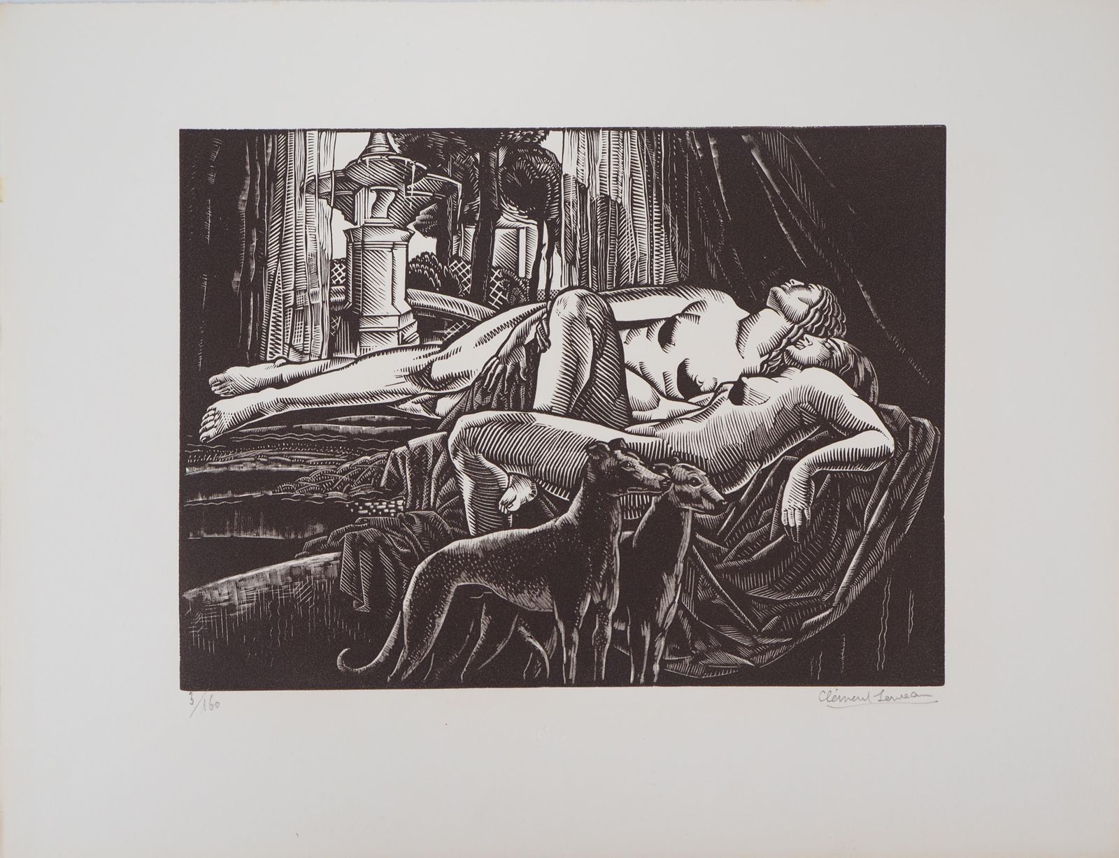 Henri Clement Serveaurest, Two Nudes With Greyhounds   Original Wooodcut, Handsigned & Numbered1929 photo furniture