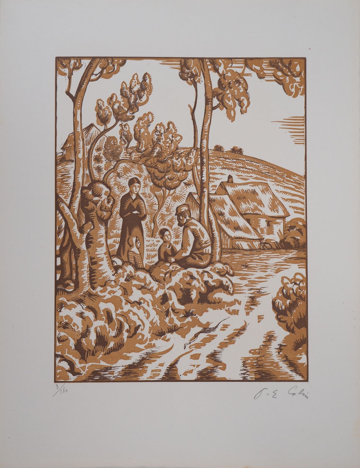 Paul Colinallegory Of Peace : The Family In Countryside   Original Wooodcut, Handsigned1929 photo furniture