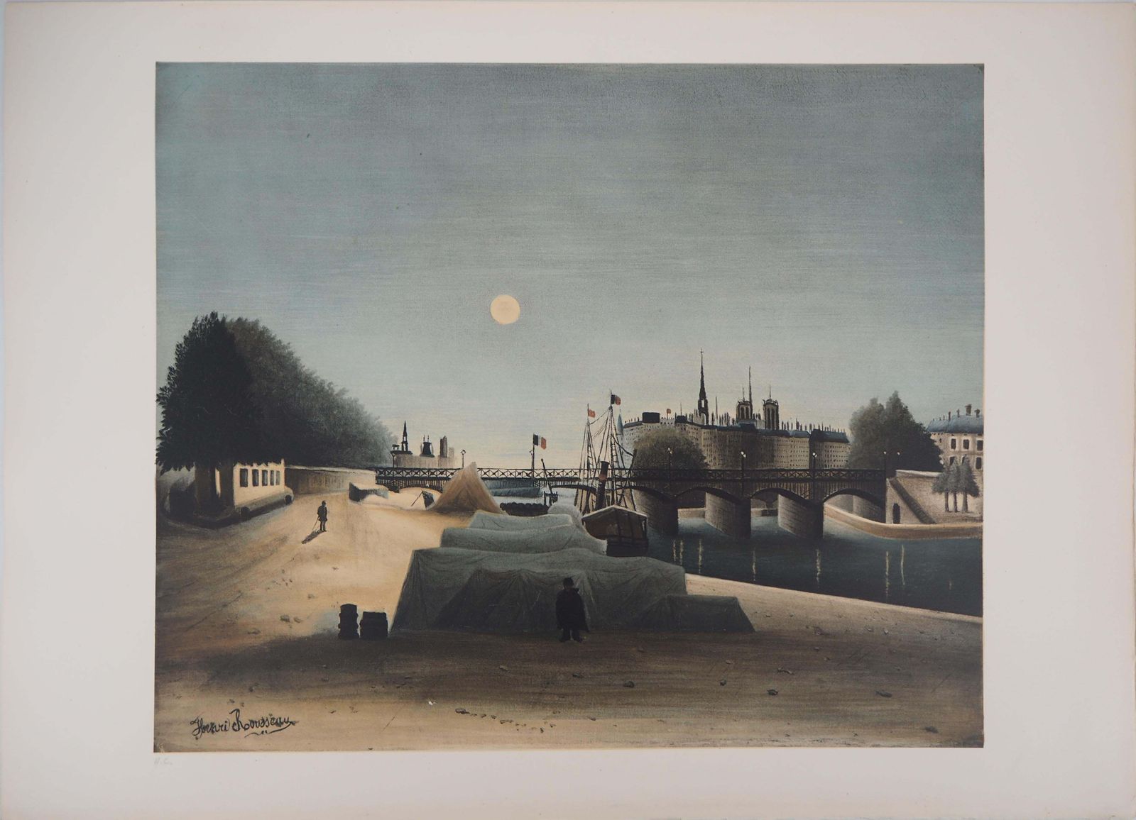 Paris : Seine River And Notre Dame Church   Stone Lithograph1976 photo for sale