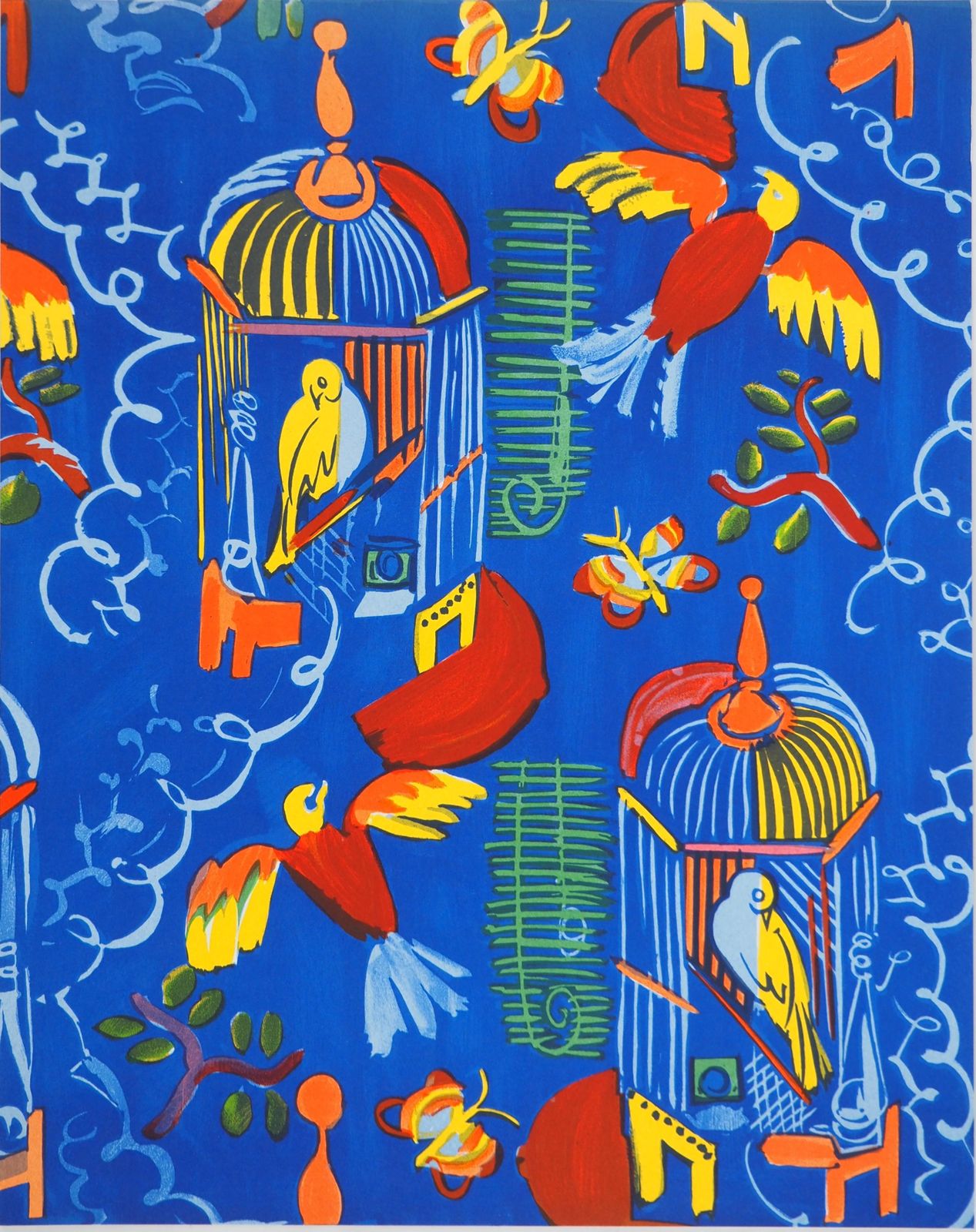 Raoul Dufycolorful Birds On Blue Background   Orignal Lithograph1965