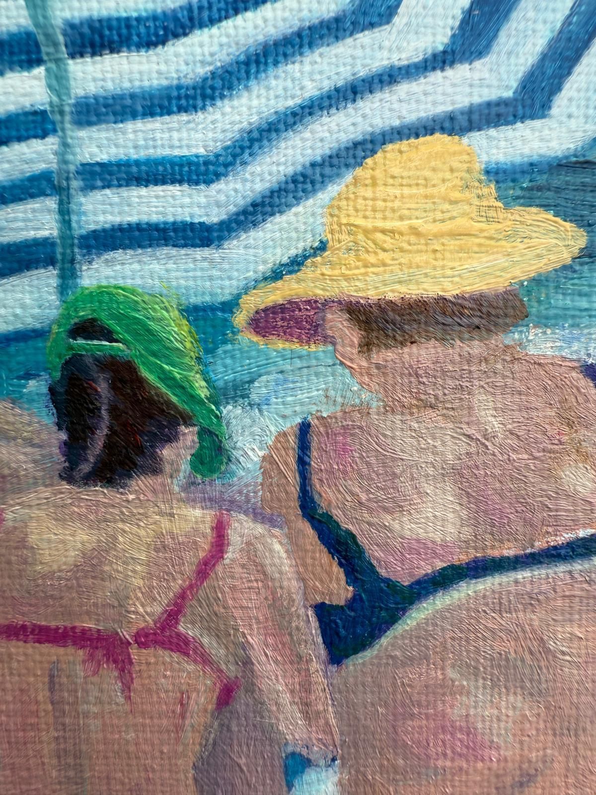 Bernadette Van Baarsen Blue And White Beach Scene In Oil On Linen. 'Sous Un Parasol. No.1'.2025 photo furniture