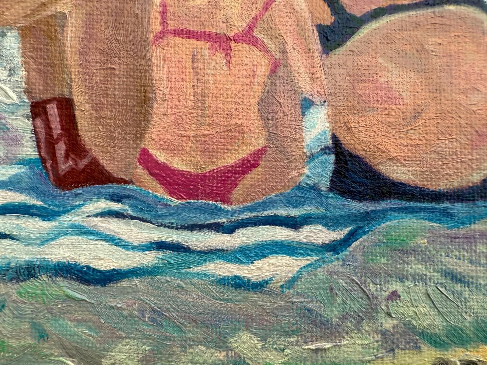 Bernadette Van Baarsen Blue And White Beach Scene In Oil On Linen. 'Sous Un Parasol. No.1'.2025 photo Art
