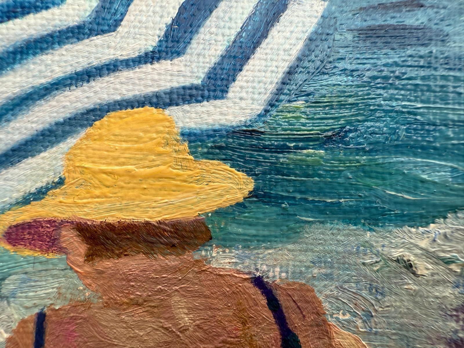Bernadette Van Baarsen Blue And White Beach Scene In Oil On Linen. 'Sous Un Parasol. No.1'.2025 photo 832.0
