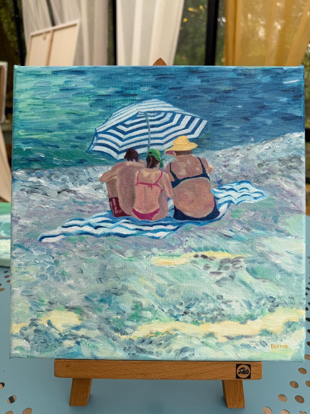 Art Bernadette Van Baarsen Blue And White Beach Scene In Oil On Linen. 'Sous Un Parasol. No.1'.2025 photo