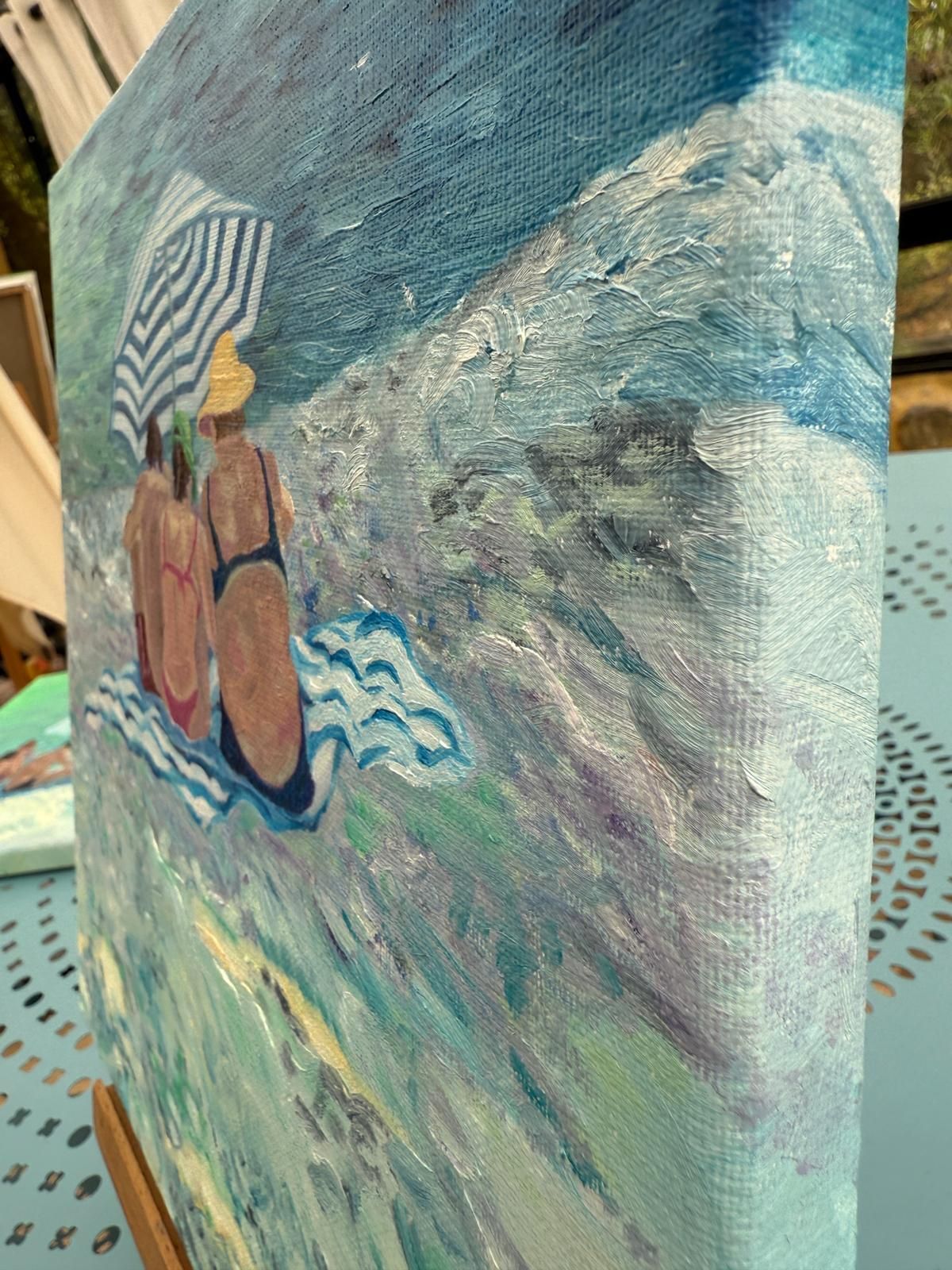 832.0 Bernadette Van Baarsen Blue And White Beach Scene In Oil On Linen. 'Sous Un Parasol. No.1'.2025 photo