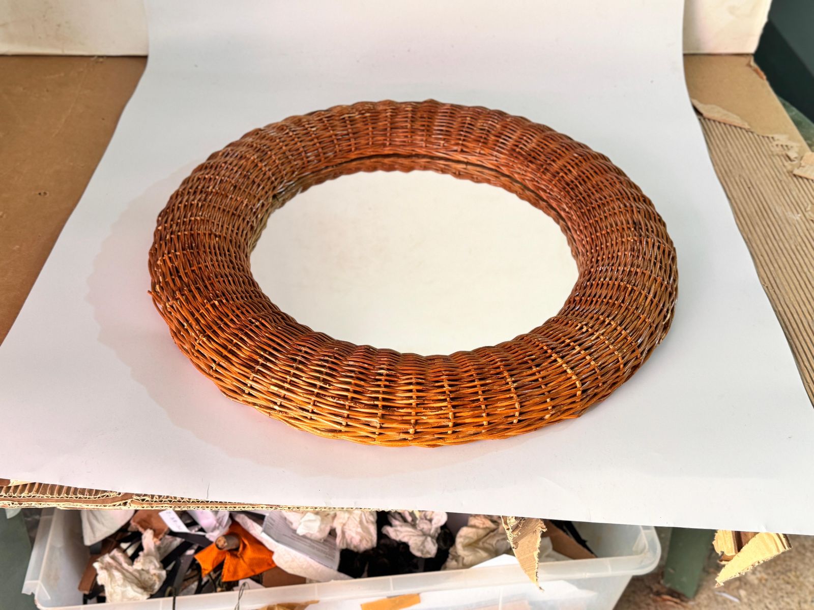 Midcentury French Riviera Rattan And Bamboo Rond Wall Mirror, Italy 1960s photo vintage