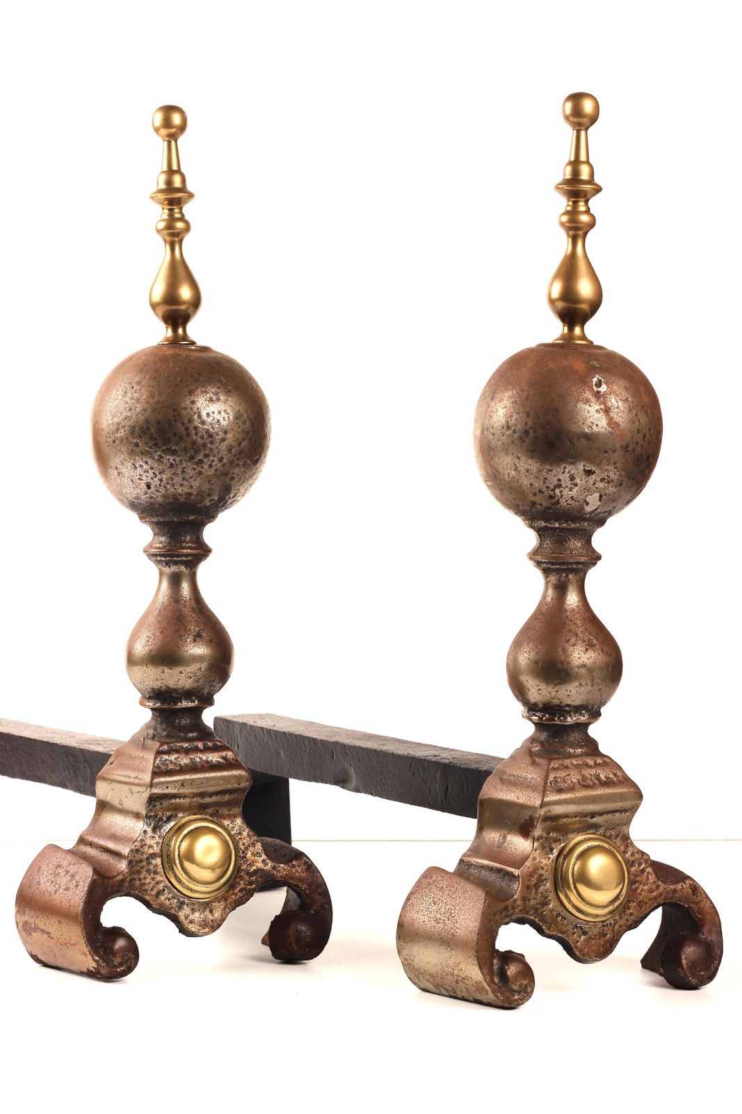 photo vintage Victorian 19th Century Iron, Brass, And Steel Firedogs / Andirons