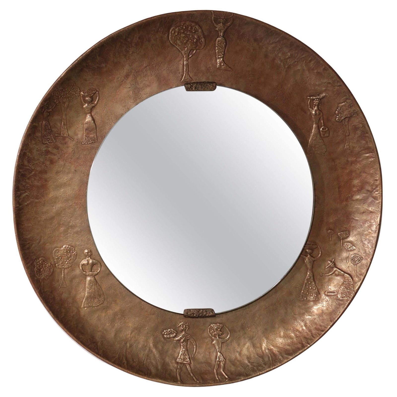 Sculptural Hammered Copper Mirror Attributed To Angelo Bragalini"