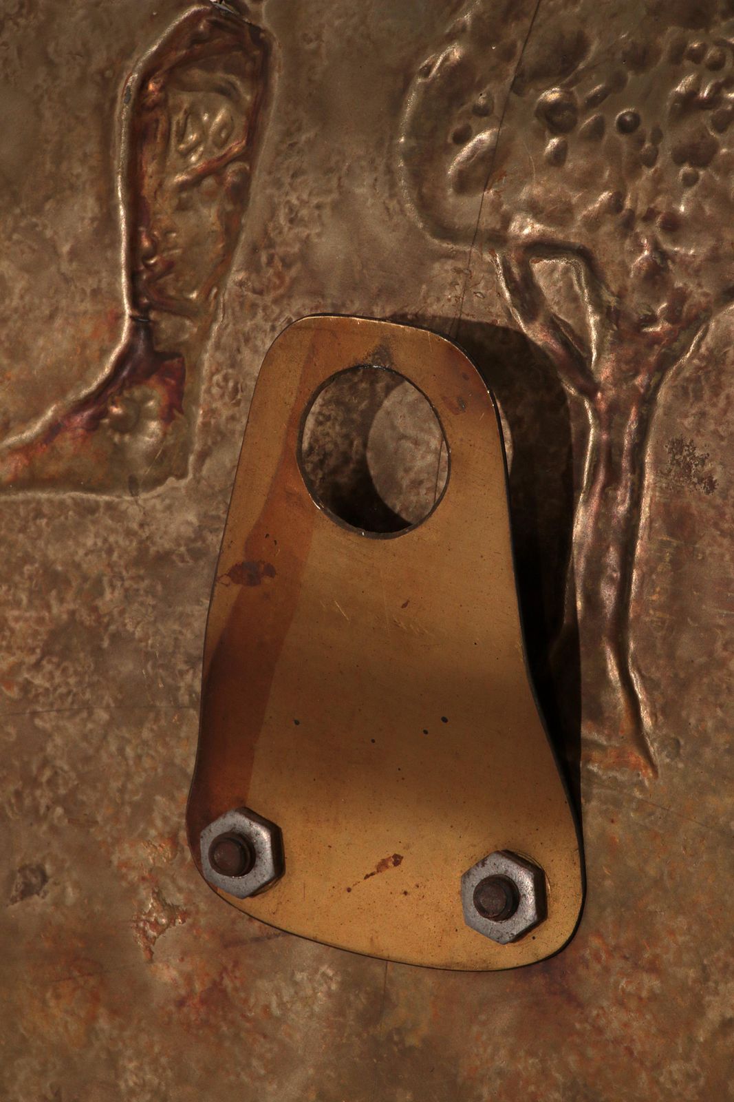 photo furniture Sculptural Hammered Copper Mirror Attributed To Angelo Bragalini"