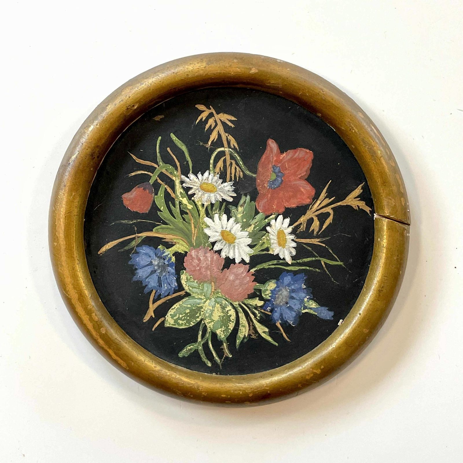 Antique Cute Round Oil Painting With Motive Of Wild Scandinavian Summer Flowers In Great Colours